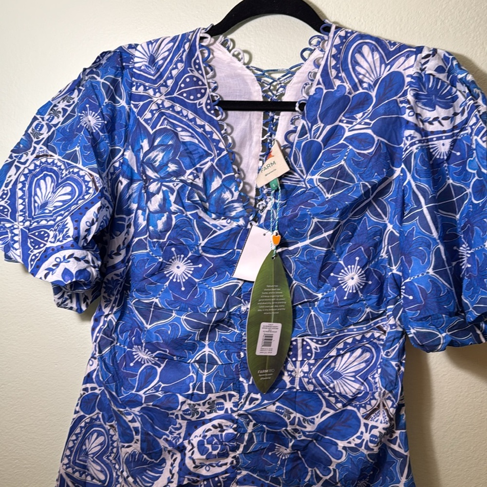 Farm Rio L Blue Tile Dream Short Sleeve Mini Dress - Picture 6 of 12